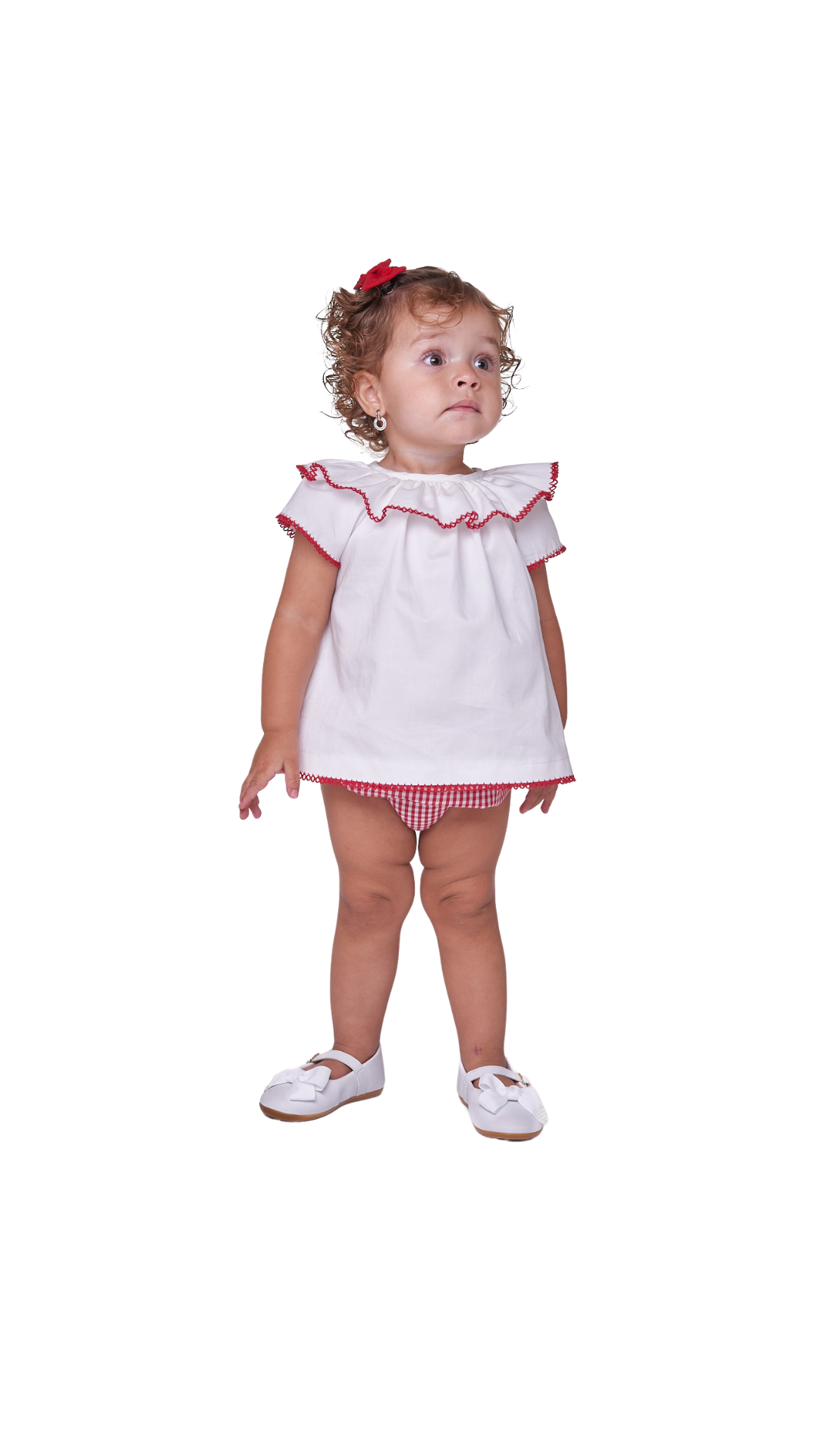 Conjunto bata e tapa fralda para bebê com babados delicados e modelagem confortável, ideal para passeios e momentos especiais.

