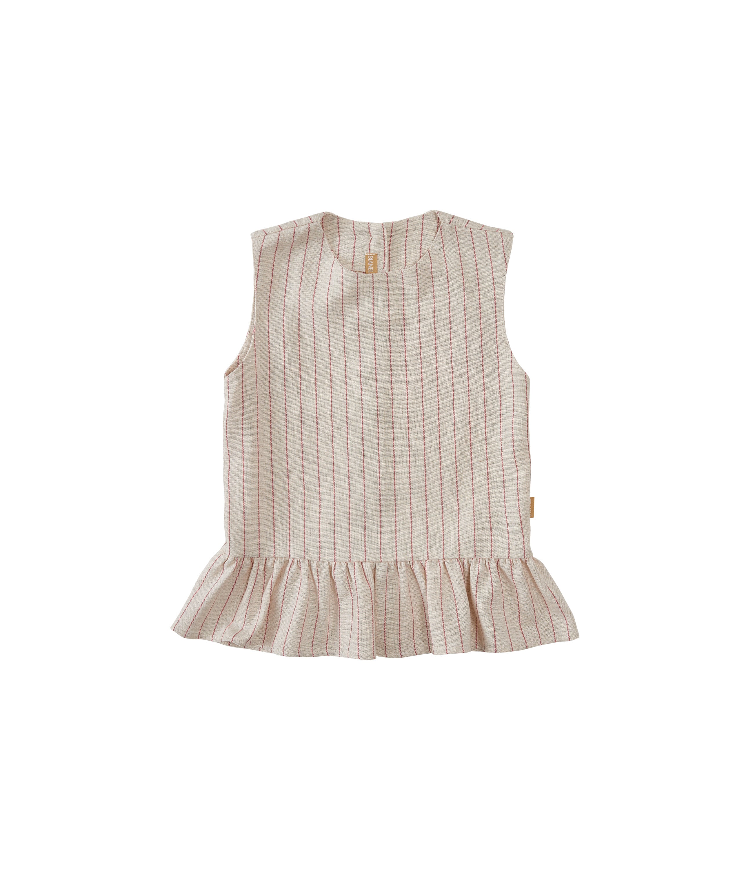 Bata infantil feminina em linho com babados na barra e toque rústico, ideal para festas e passeios.

