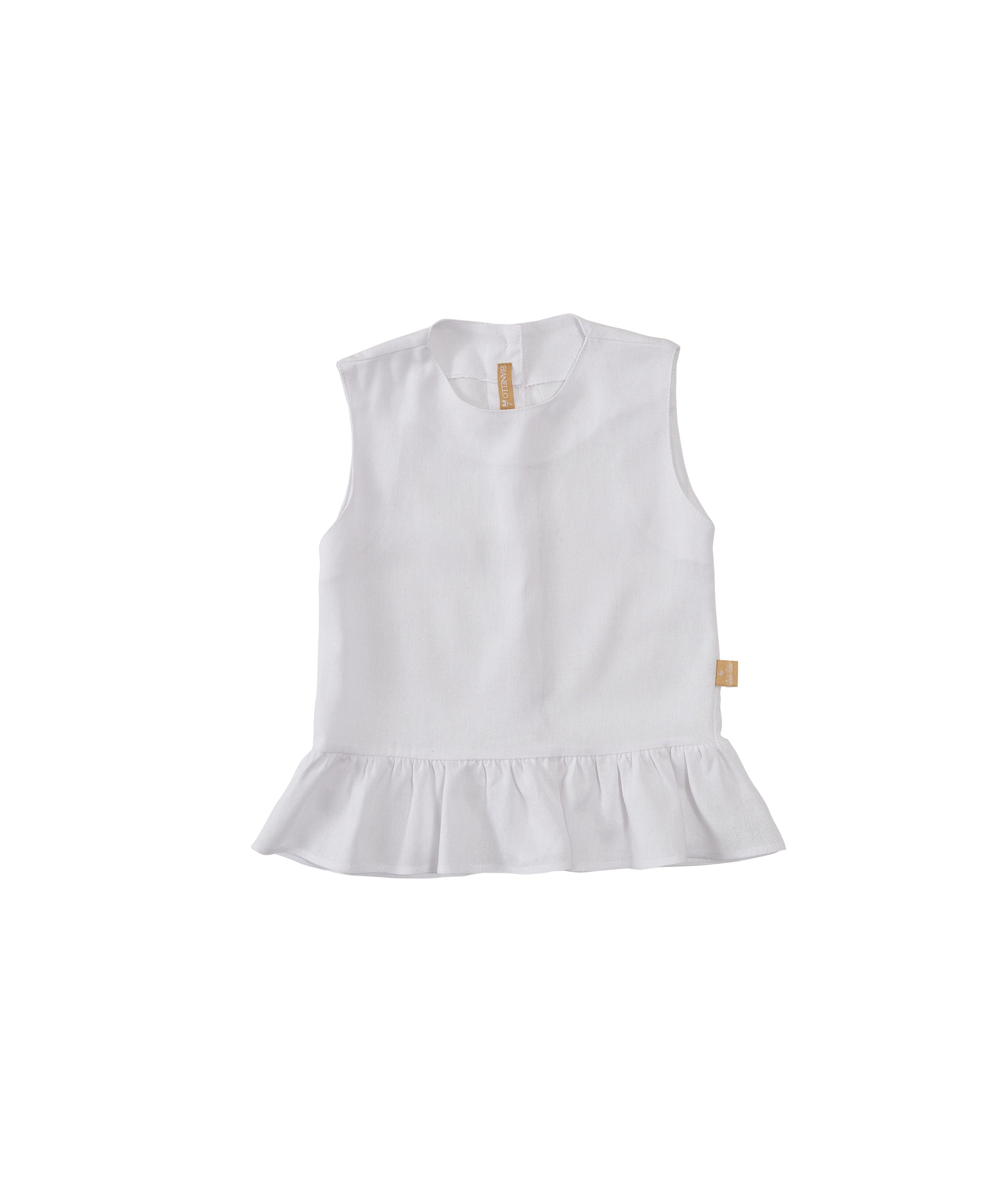Bata infantil feminina em linho com babados na barra e toque rústico, ideal para festas e passeios.

