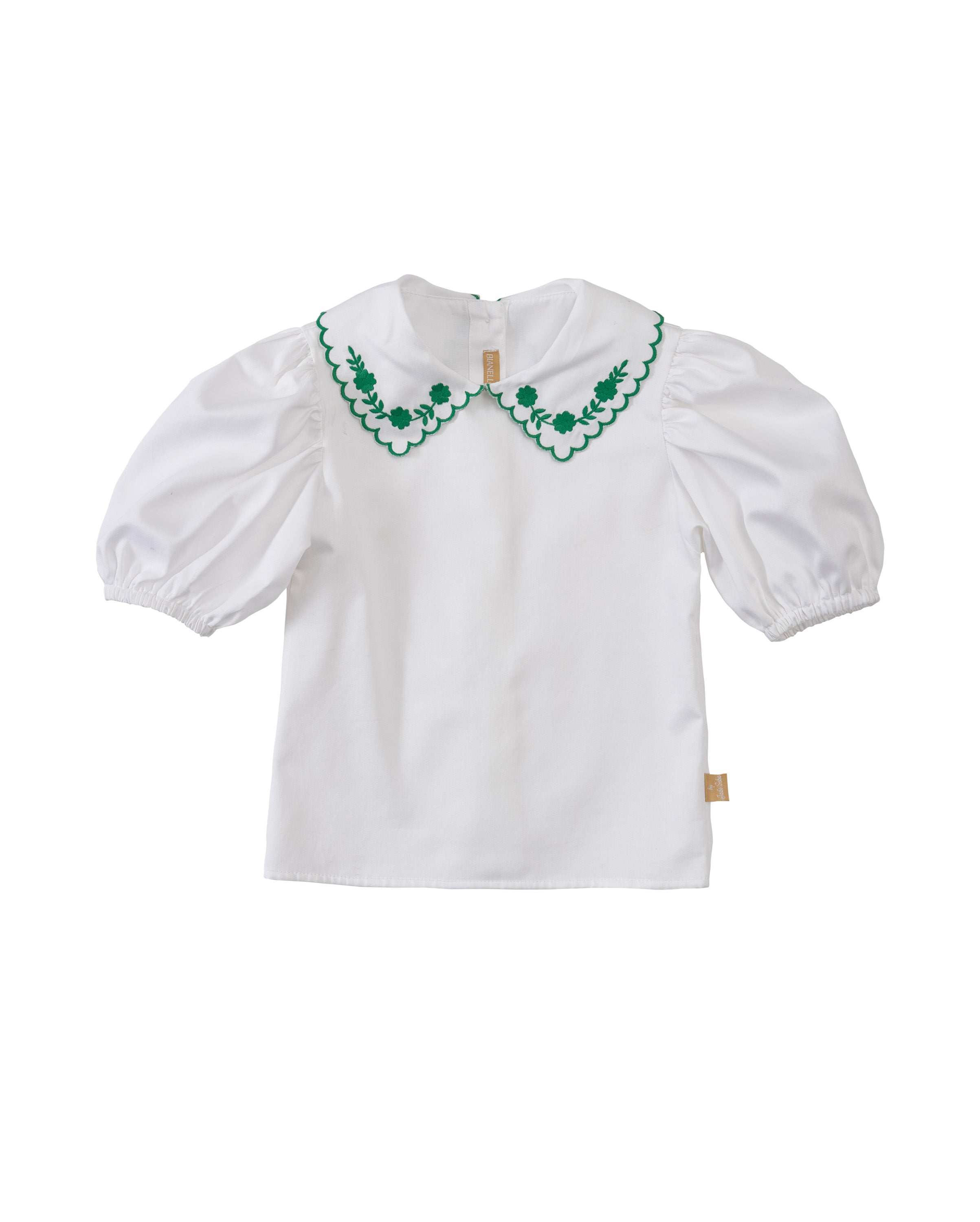 Bata infantil feminina em percal 400 fios com gola bordada e manga balonê, ideal para ocasiões especiais.

