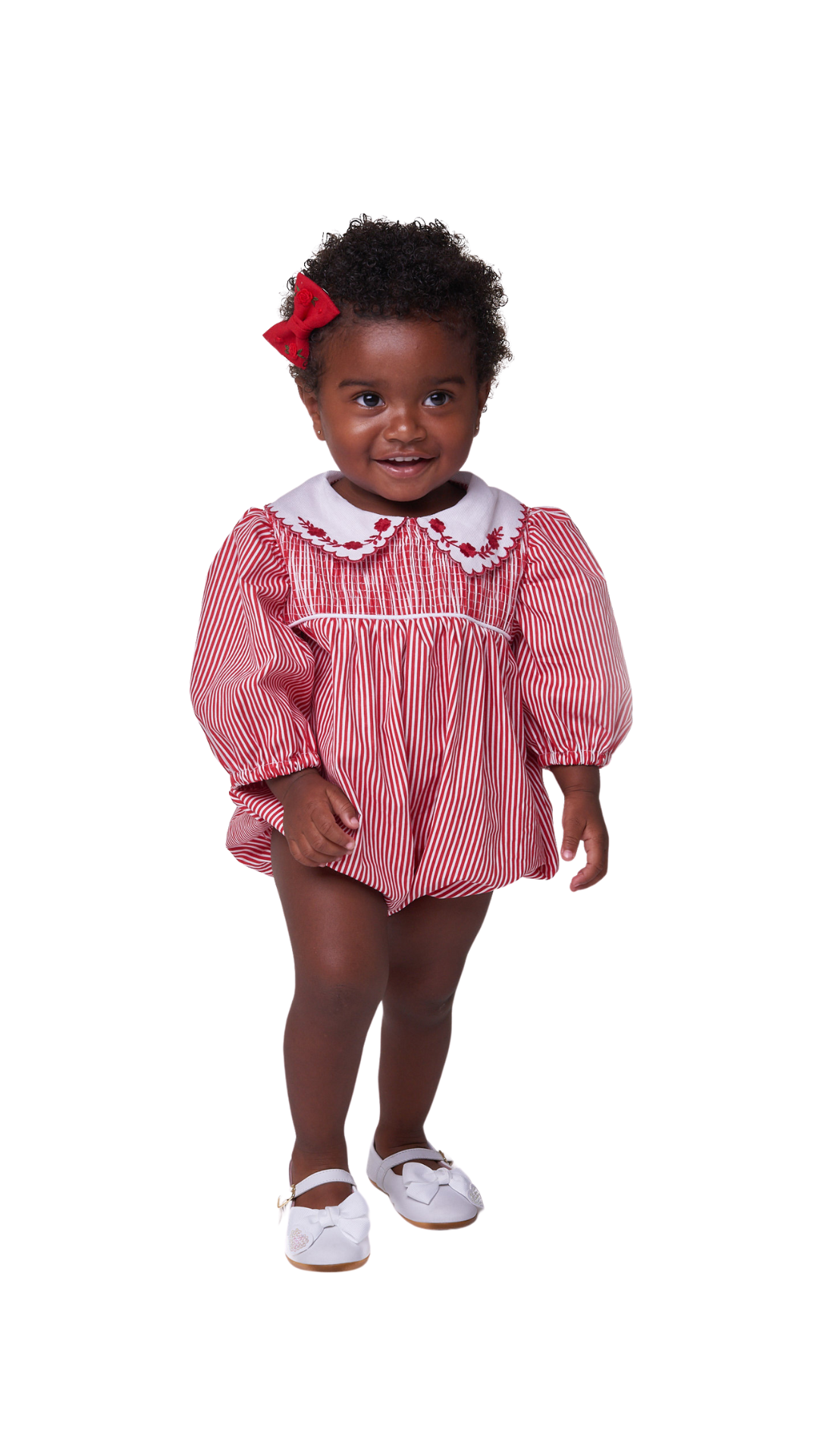 Bombacho Alice listado vermelho, com gola bordada floral e mangas bufantes. Confortável e leve para bebês de 3 a 18 meses.

