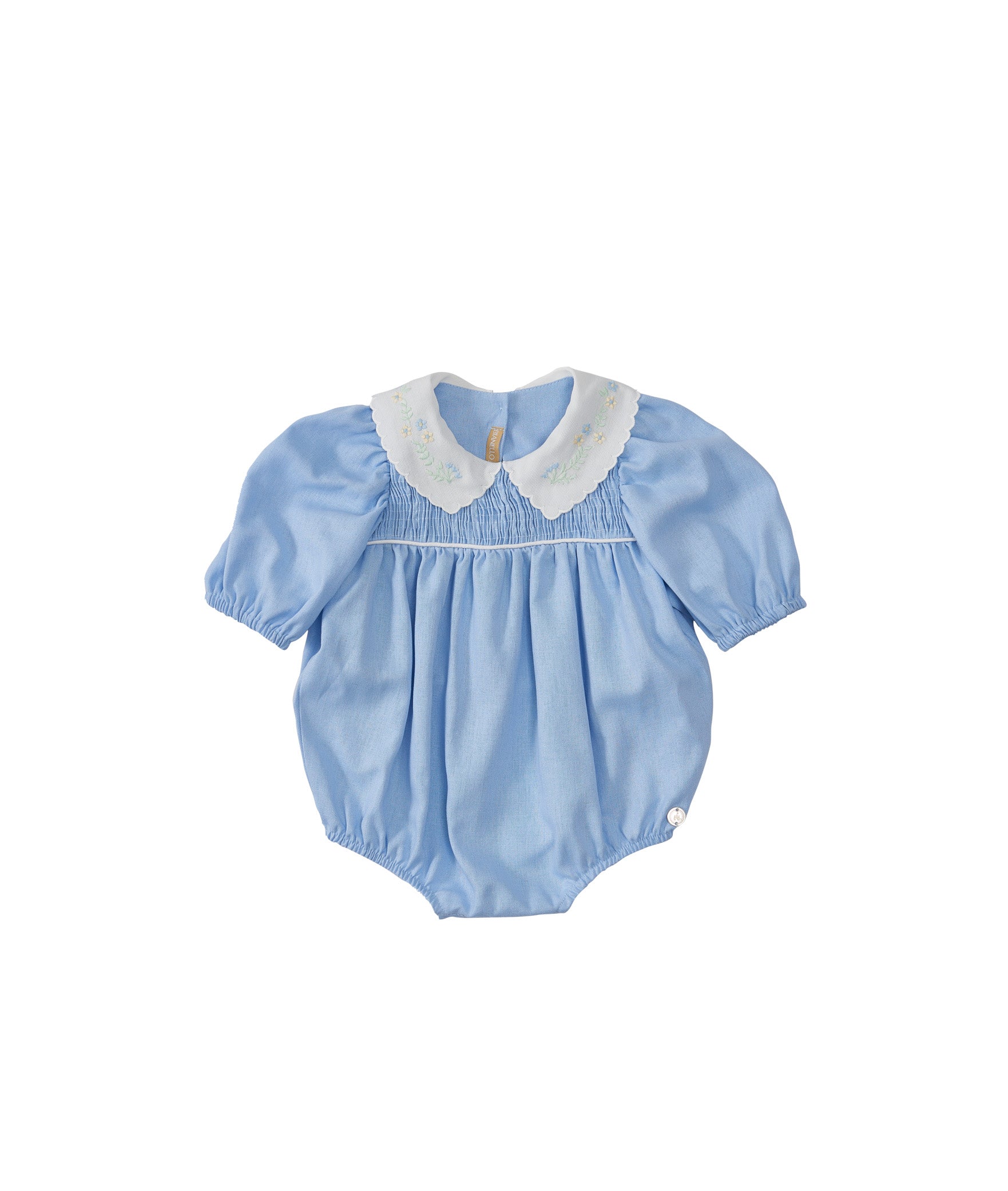 Bombacho Alice amarelo com bordado floral na gola e mangas bufantes, feito em percal 100% algodão, ideal para bebês de 3 a 18 meses.
