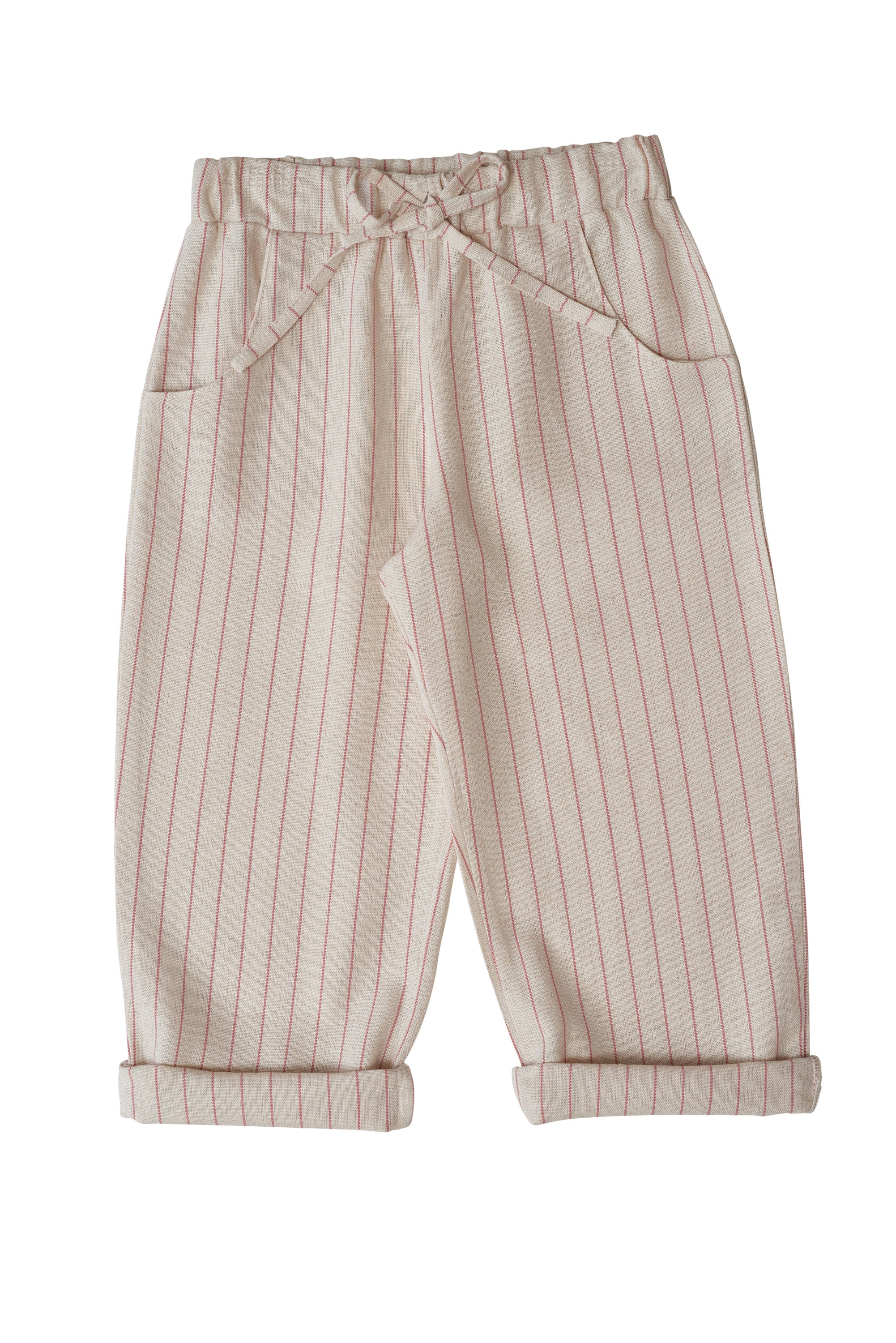 Calça Mathy infantil com bolsos laterais, caimento soltinho e cintura elástica, em malha goiaba ou linho bege.

