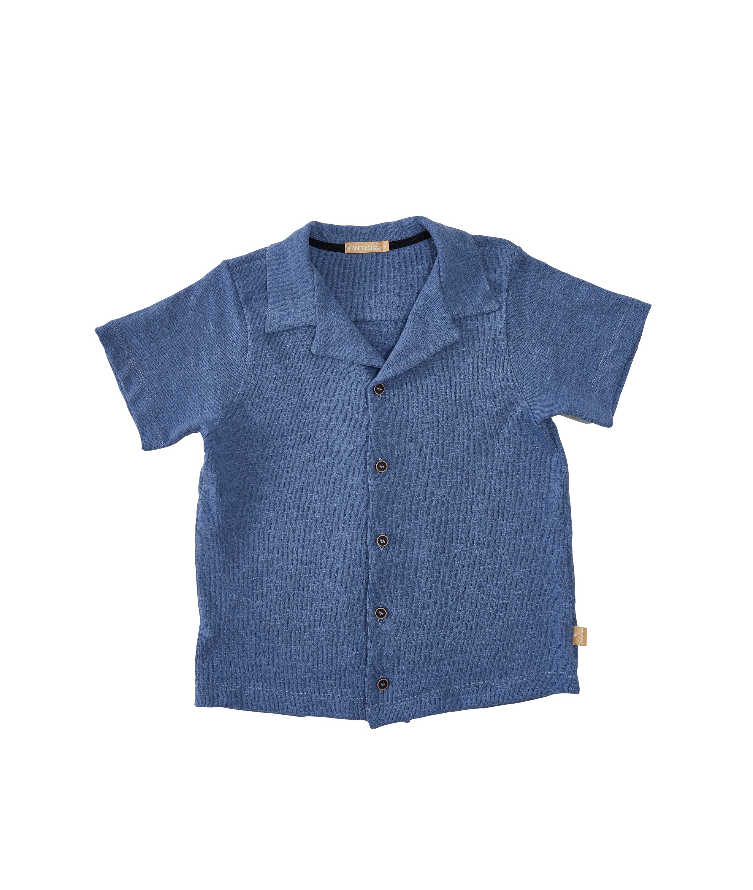 Camisa Gabriel infantil masculina em sarja e malha, com botões frontais e modelagem tradicional.

