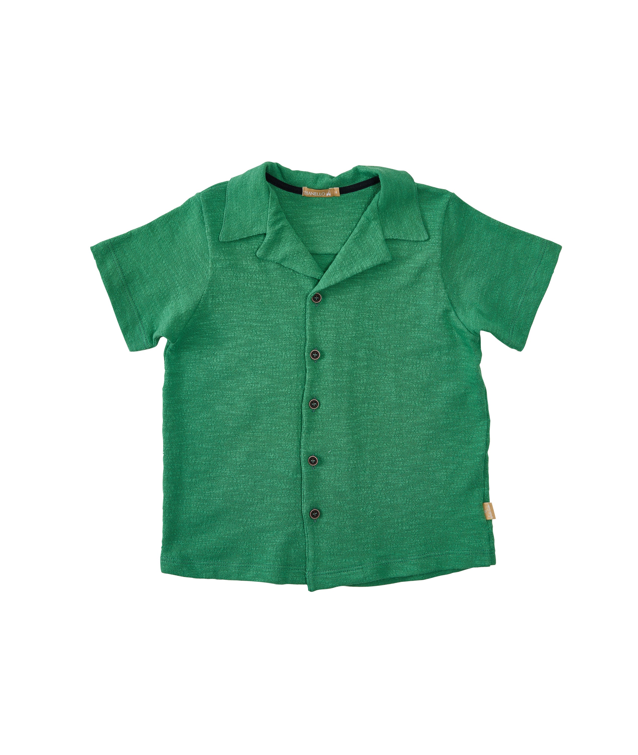 Camisa Gabriel infantil masculina em sarja e malha, com botões frontais e modelagem tradicional.

