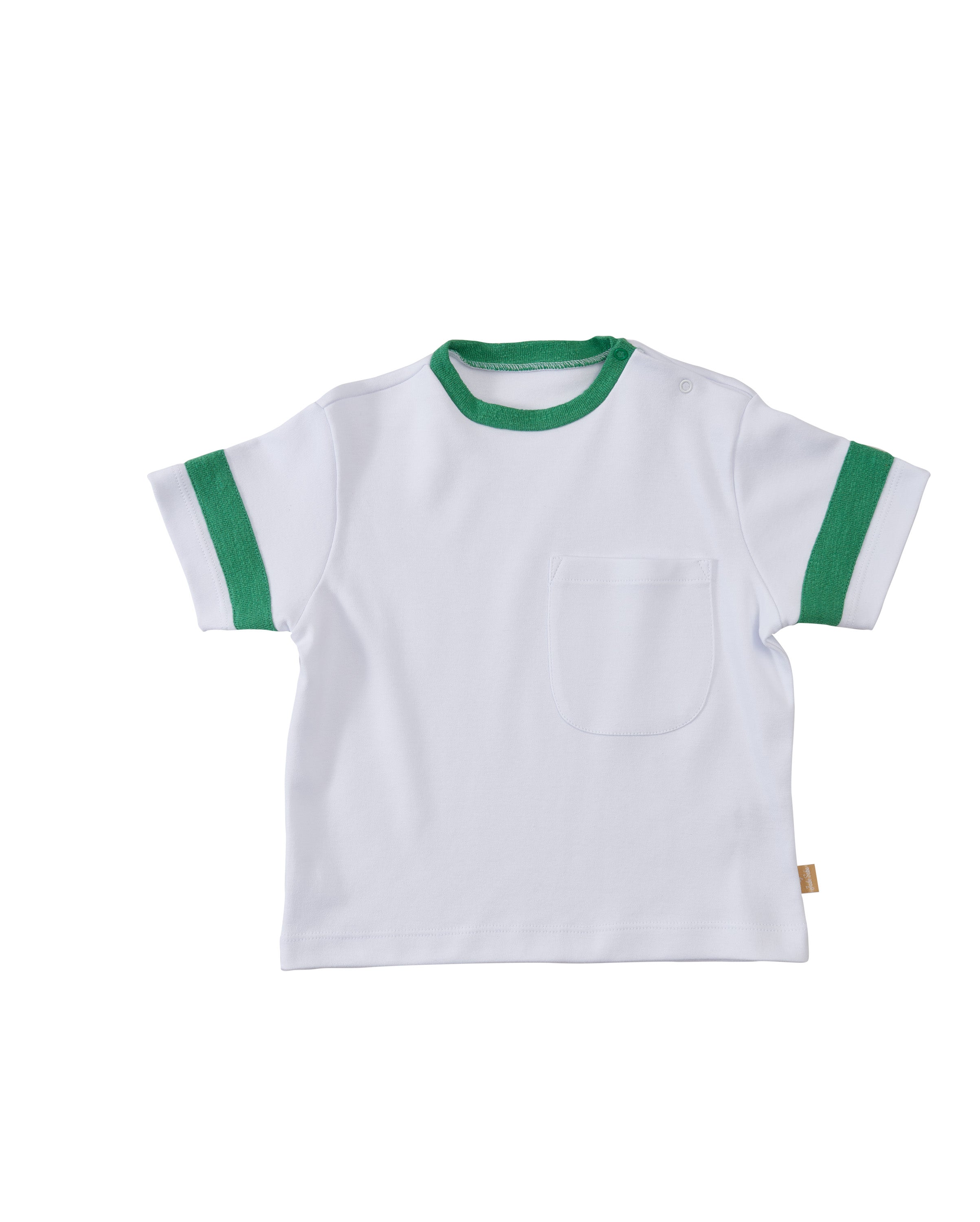 Camiseta infantil básica em fio egípcio com gola careca e detalhes contrastantes, para crianças de 2 a 8 anos.
