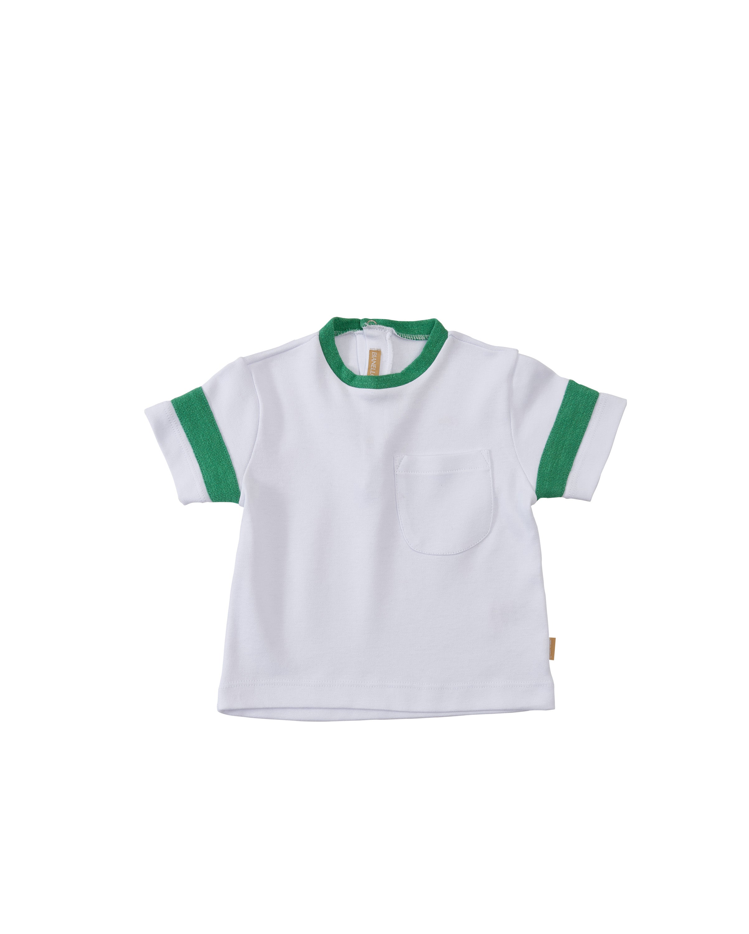 Camiseta de bebê masculina com gola careca e detalhes contrastantes, confeccionada em suedine fio egípcio, para bebês de 3 a 18 meses.

