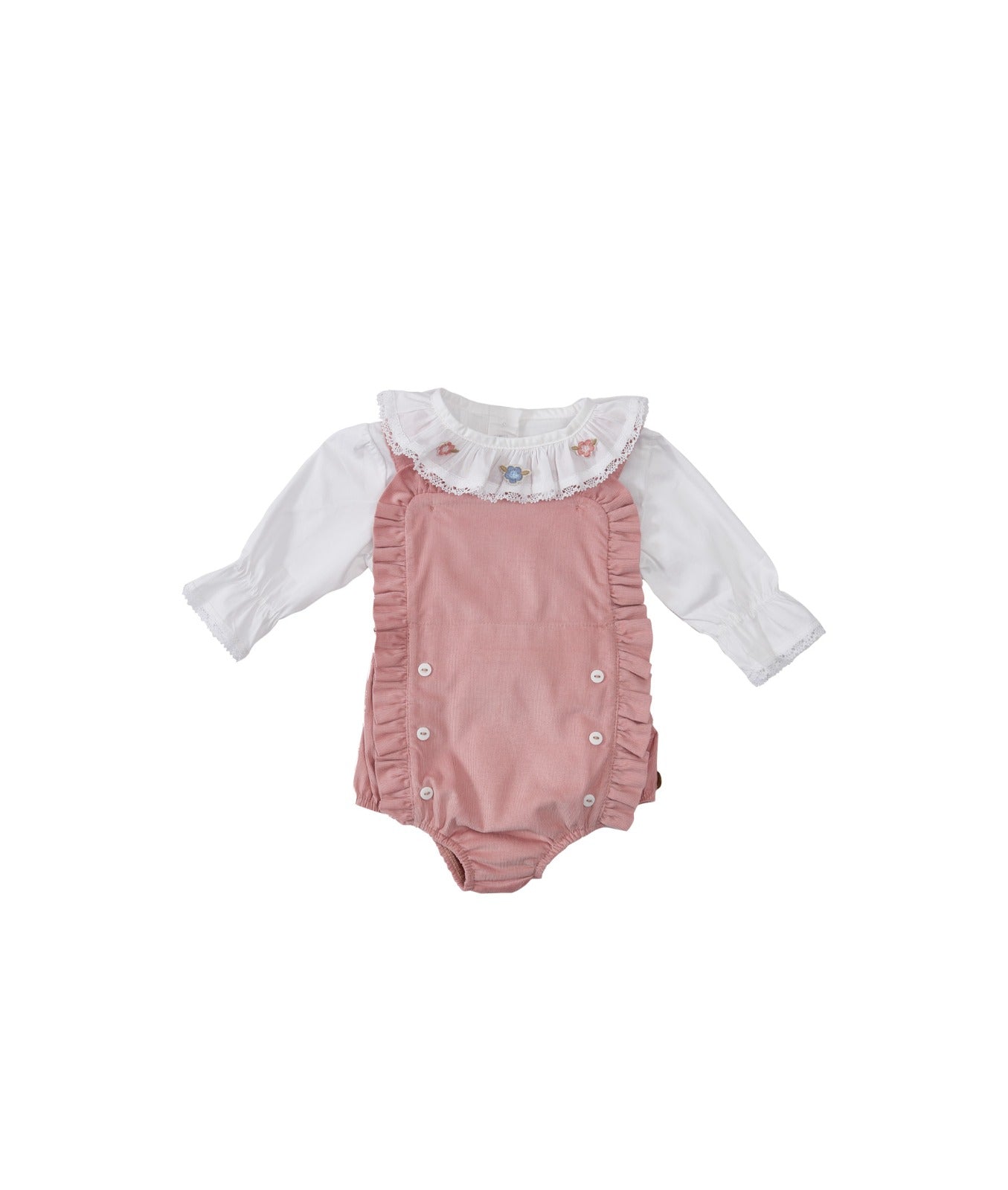 Conjunto Sophia com jardineira de veludo rosê e blusa branca bordada, ideal para bebês em festas, mesversários e ocasiões especiais.

