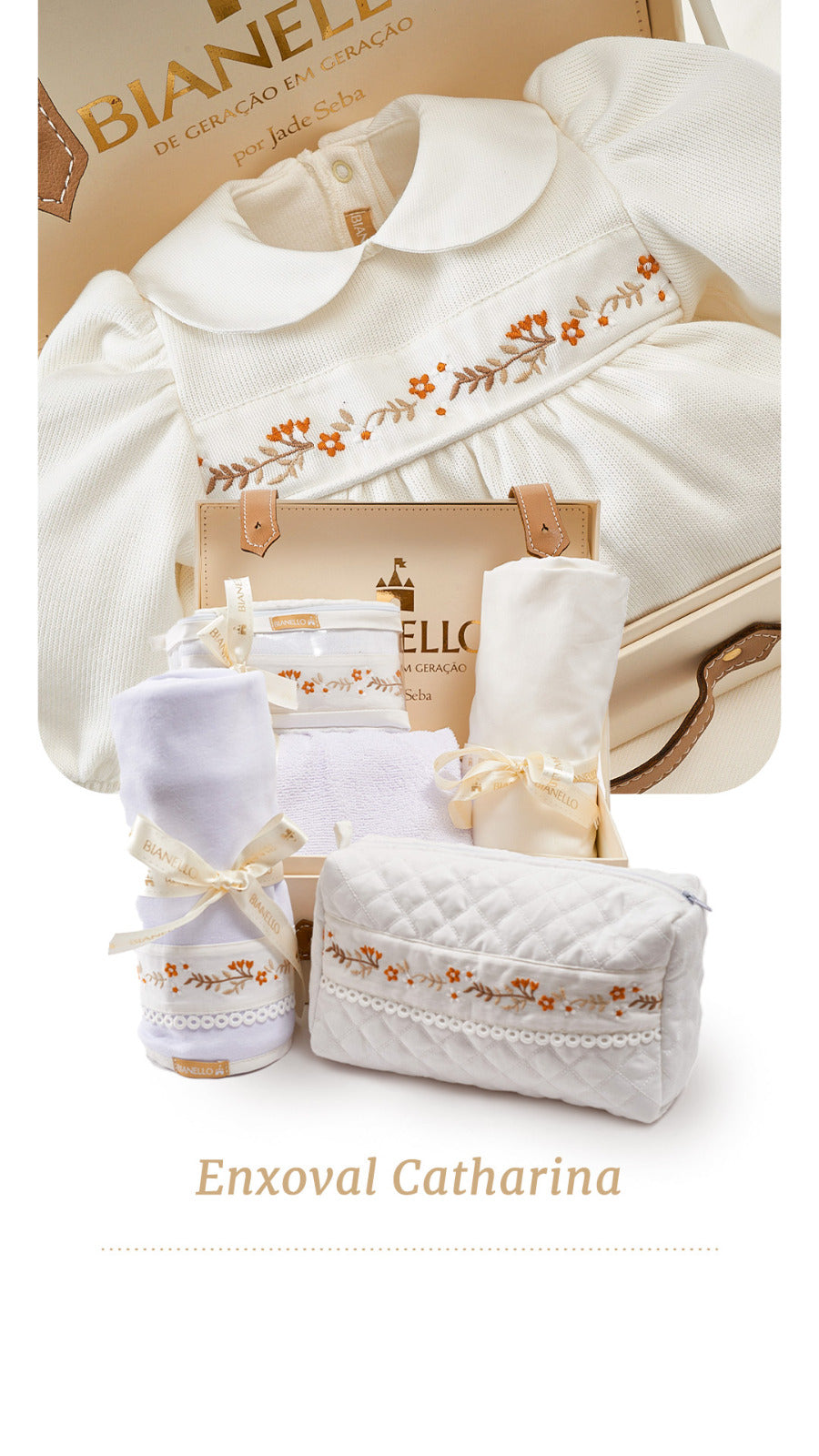 Kit Enxoval Catharina Bege com manta, toalha capuz, lençol, fronha, frasqueira, fralda e necessaire. Presente delicado e completo para bebê.

