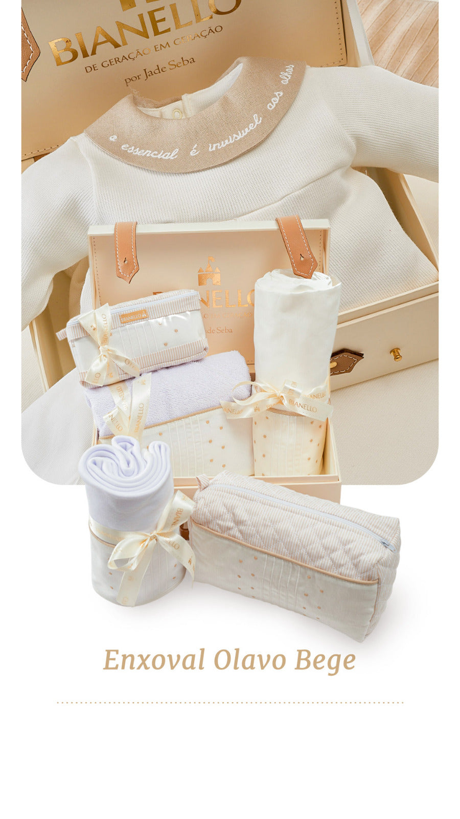 Kit presente para bebê com peças em percal listado: manta, lençol 400 fios, fronha, toalha, necessaire e frasqueira com fralda e toalhinha. Elegância e conforto.