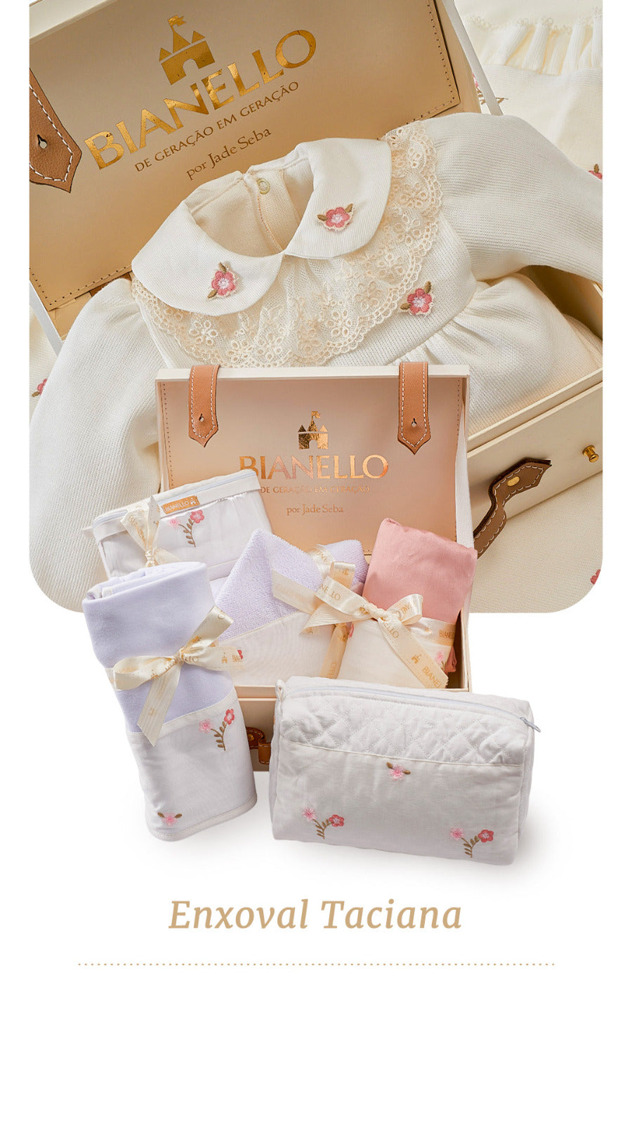 Kit presente para bebê com peças em percal 100% algodão: manta, lençol, fronha, frasqueira, necessaire, toalha capuz, fralda e toalhinha. Sofisticação e conforto.
