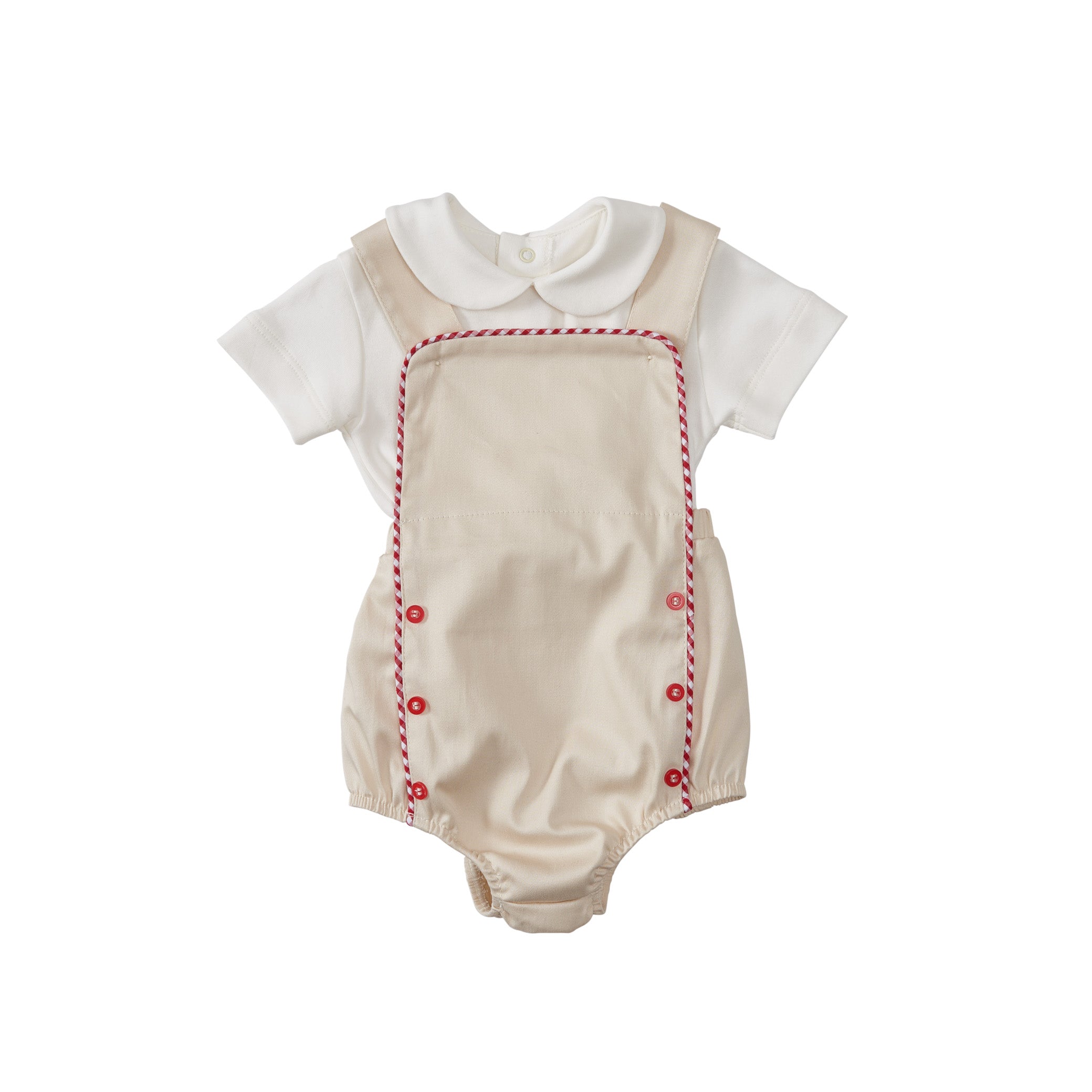 Jardineira Liam em sarja bege com vermelho e azul, edição especial. Clássica, confortável e ideal para bebês de 3 a 18 meses.
