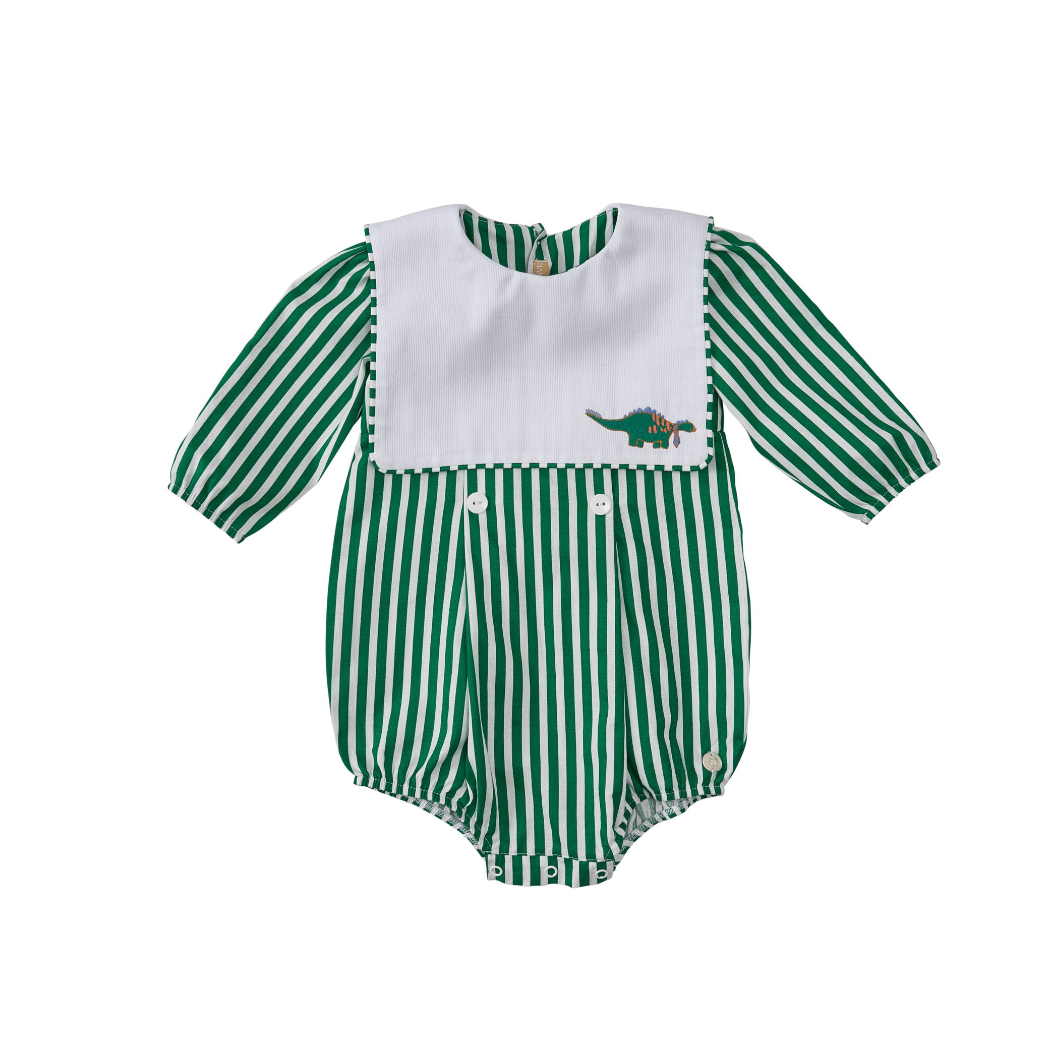 Romper em tricoline com pregas, bordado e botões. Confortável, elegante e fácil de vestir. Para bebês de 3 a 18 meses.

