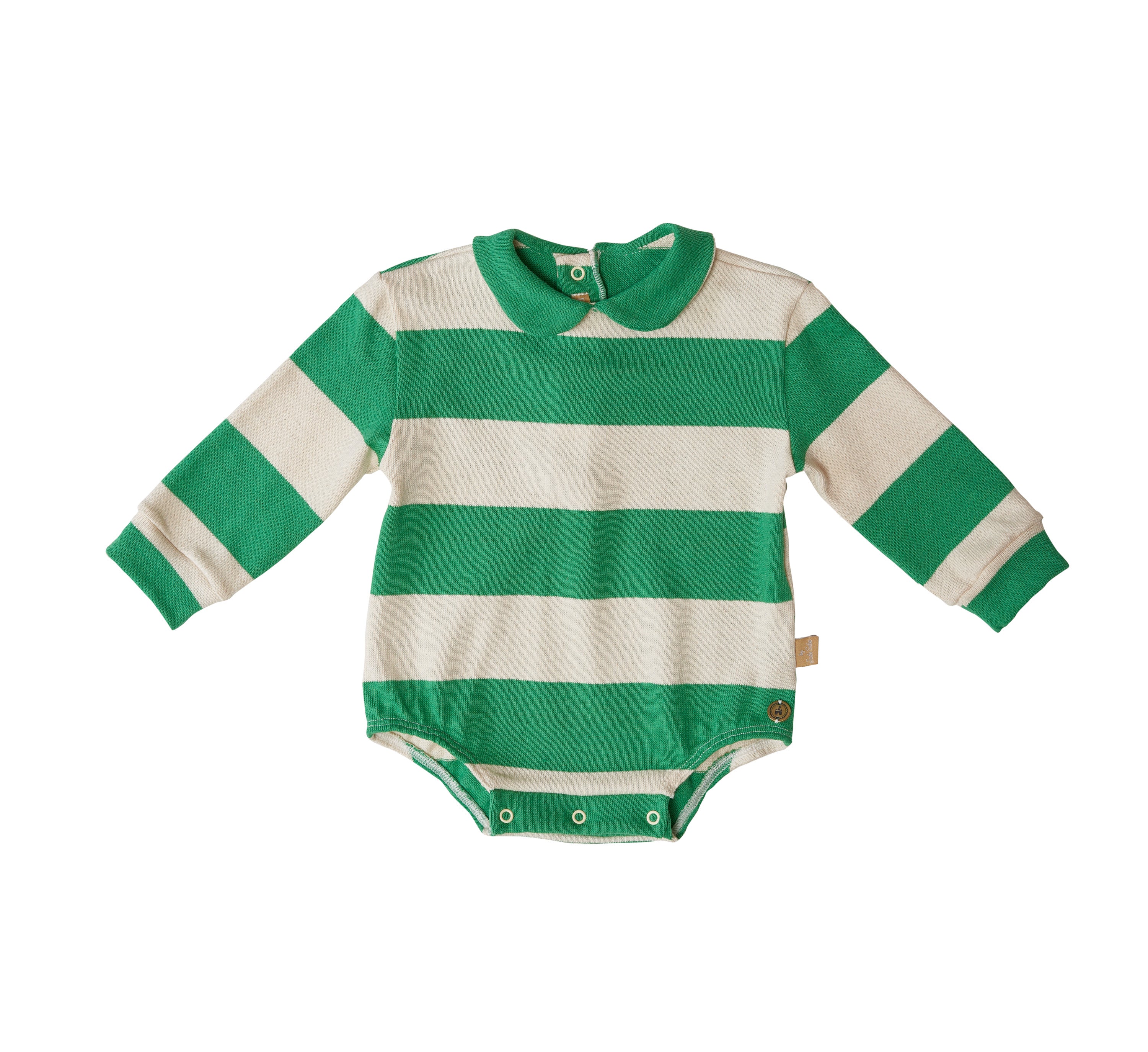 Macacão listrado verde com gola redonda em algodão egípcio, confortável e elegante para bebês.

