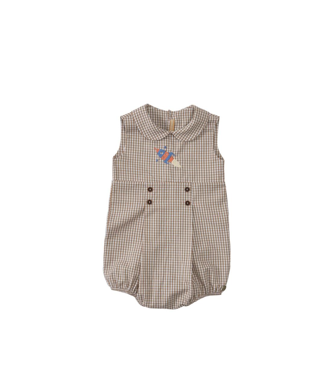 Romper Pippo xadrez bege 100% algodão, com detalhe bordado. Visual clássico e leve para bebês de 3 a 18 meses.

