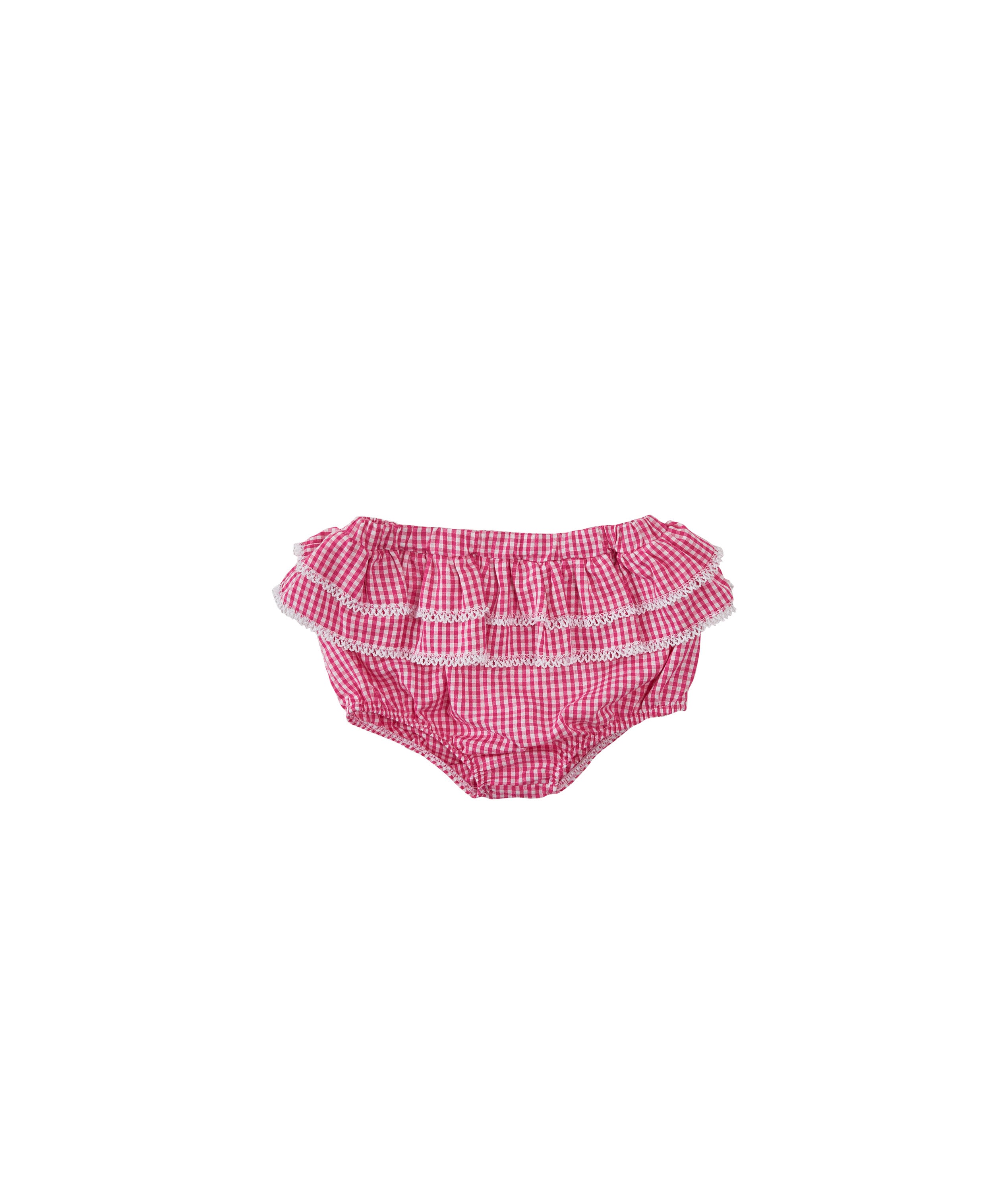 Tapa fralda de bebê feminino em tricoline com babados e elástico, ideal para o verão.

