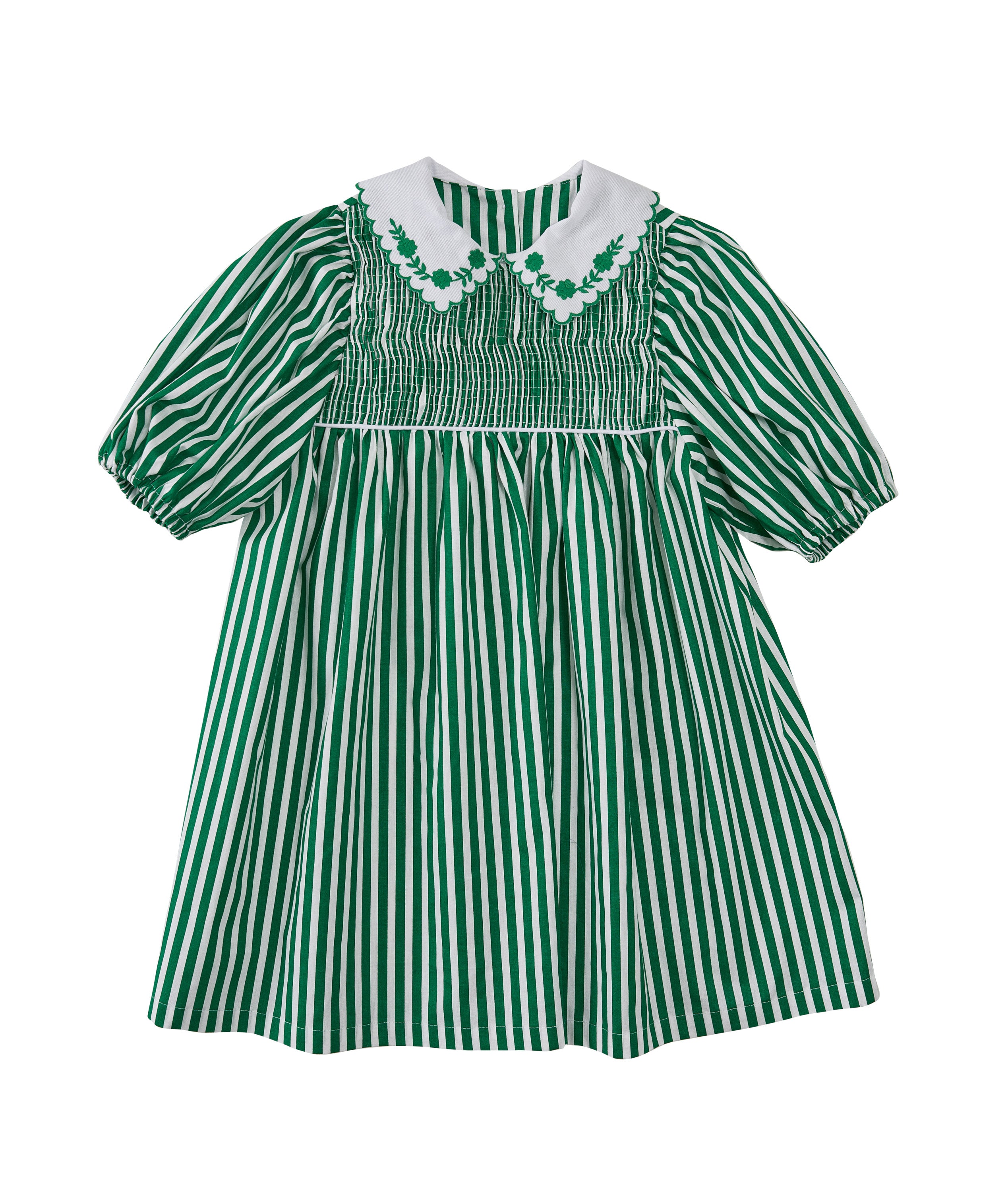Vestido infantil Alice listrado com gola bordada floral, ideal para festas e passeios.

