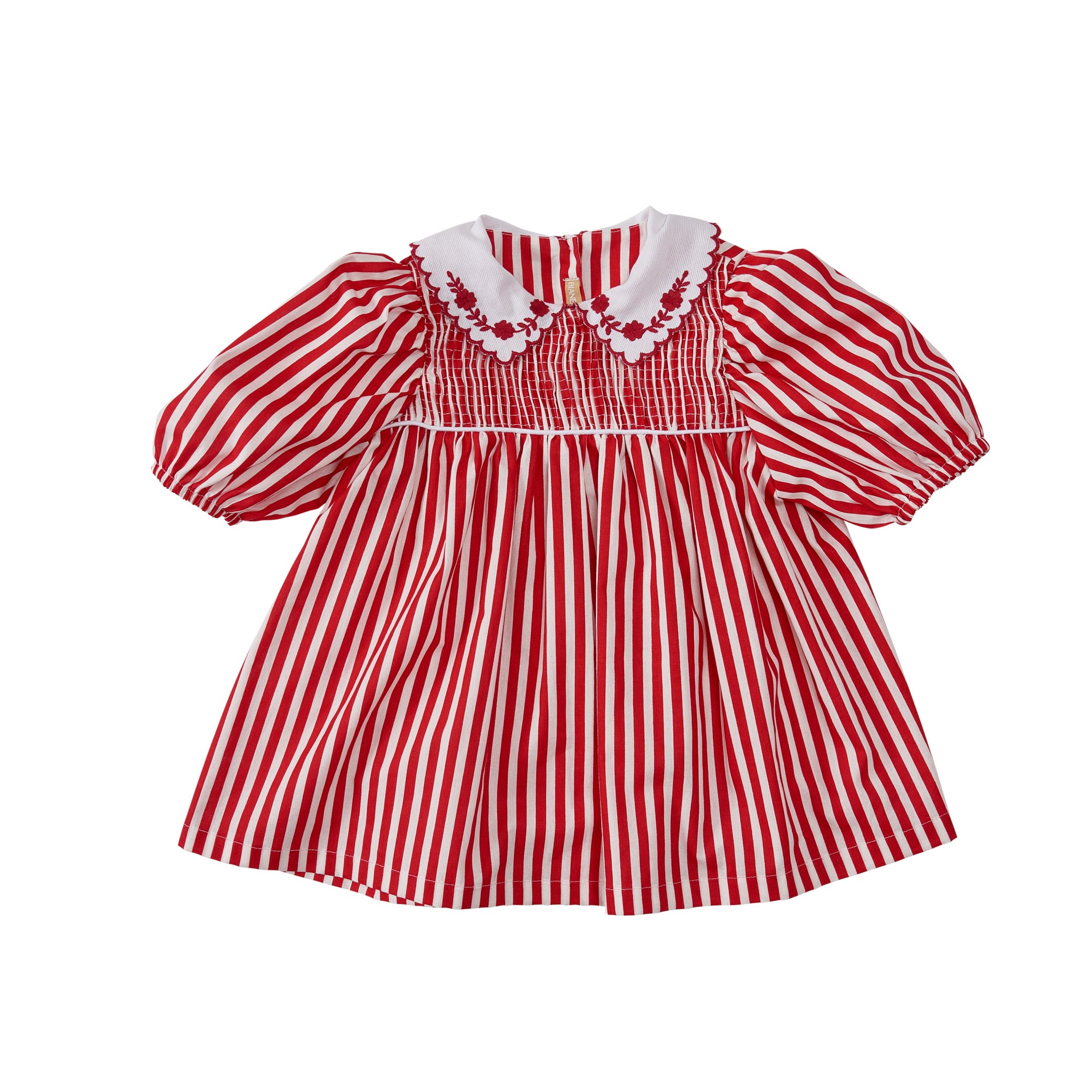 Vestido infantil Alice listrado com gola bordada floral, ideal para festas e passeios.

