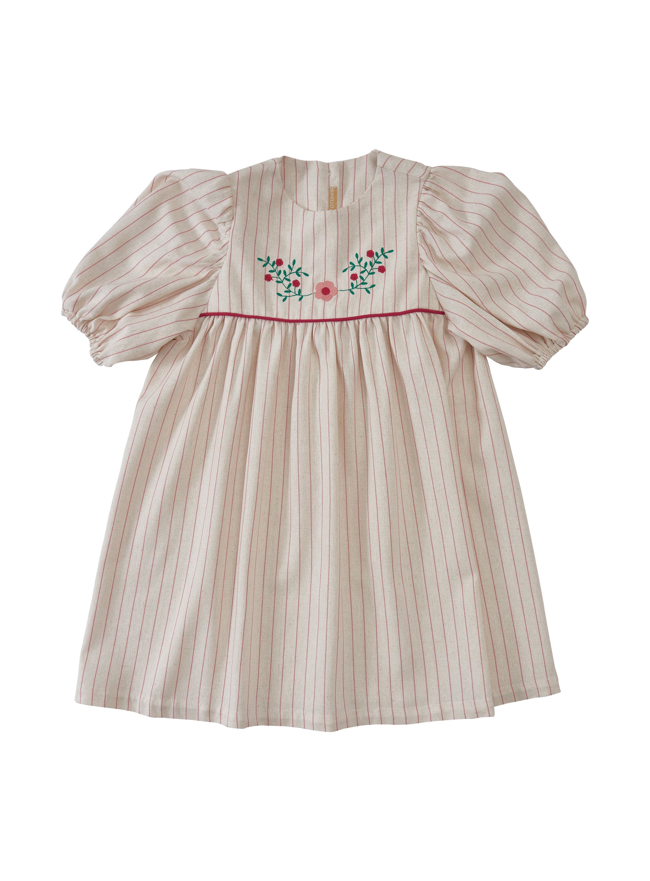 Vestido Cecília infantil com bordado floral contrastante, ideal para ocasiões especiais.

