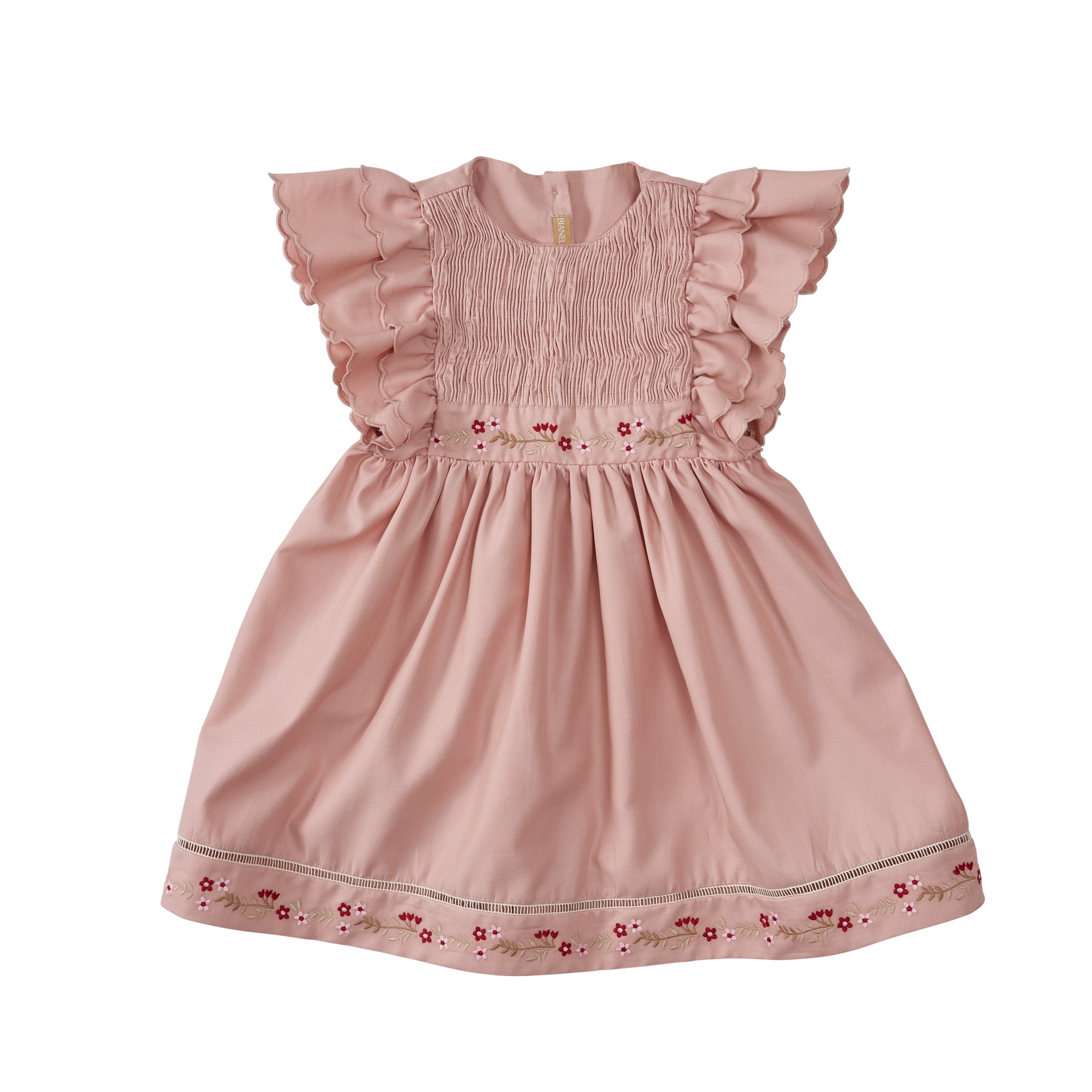 Vestido infantil Laura com bordado delicado na cintura e barra, ideal para festas e ocasiões especiais. Disponível do RN aos 8 anos.

