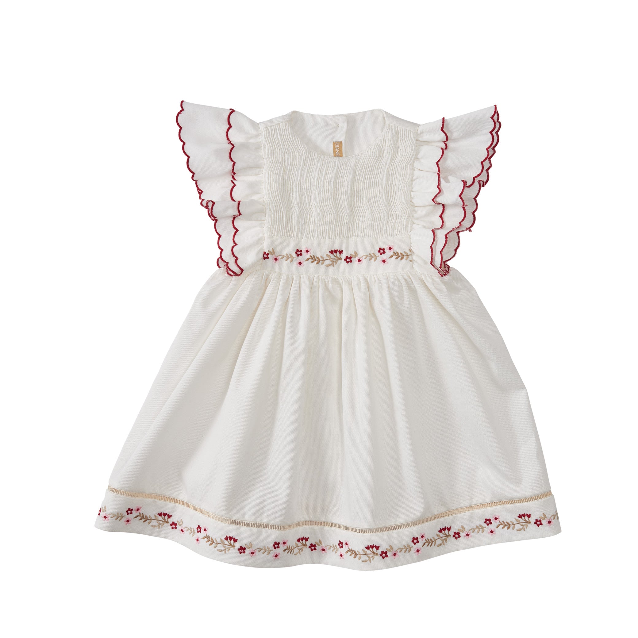 Vestido infantil Laura com bordado delicado na cintura e barra, ideal para festas e ocasiões especiais. Disponível do RN aos 8 anos.

