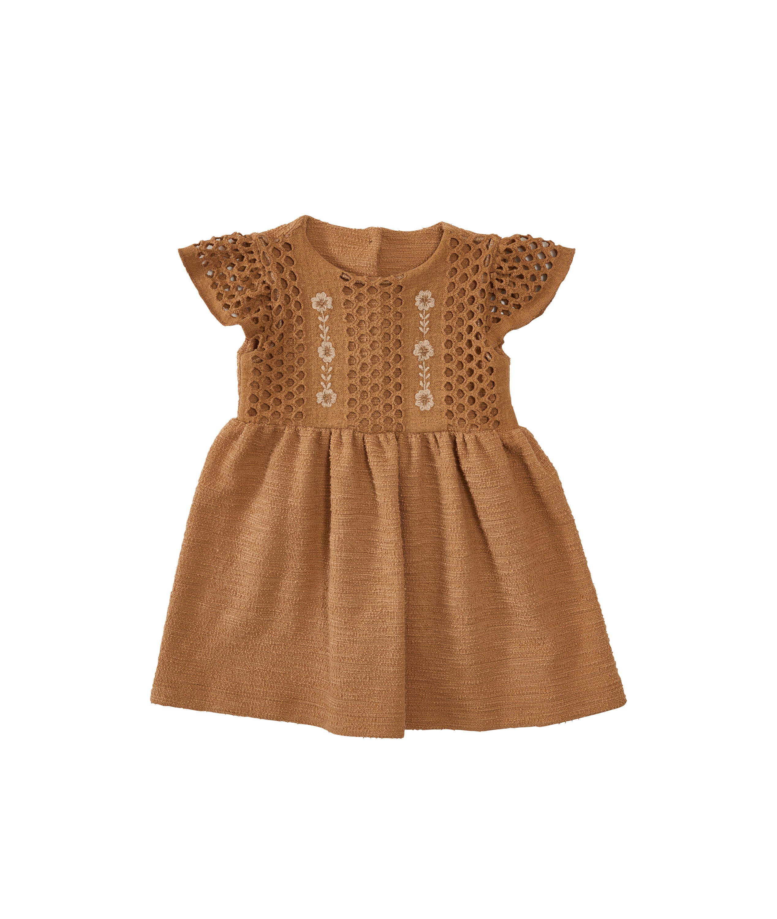 Vestido Nayara infantil em malha com efeito rendado vazado e caimento leve.

