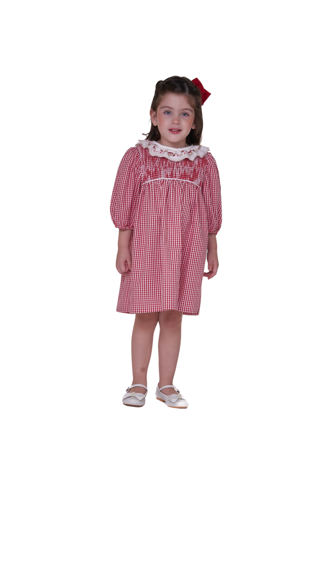 Vestido Priscila em tricoline com gola bordada e casinha de abelha. Delicado, confortável e ideal para festas. De 3 meses a 8 anos.