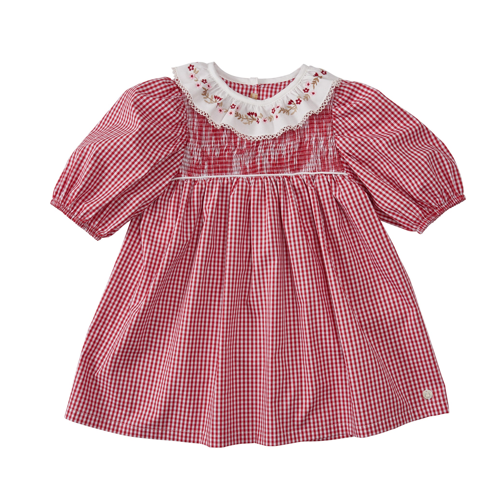 Vestido Priscila em tricoline com gola bordada e casinha de abelha. Delicado, confortável e ideal para festas. De 3 meses a 8 anos.