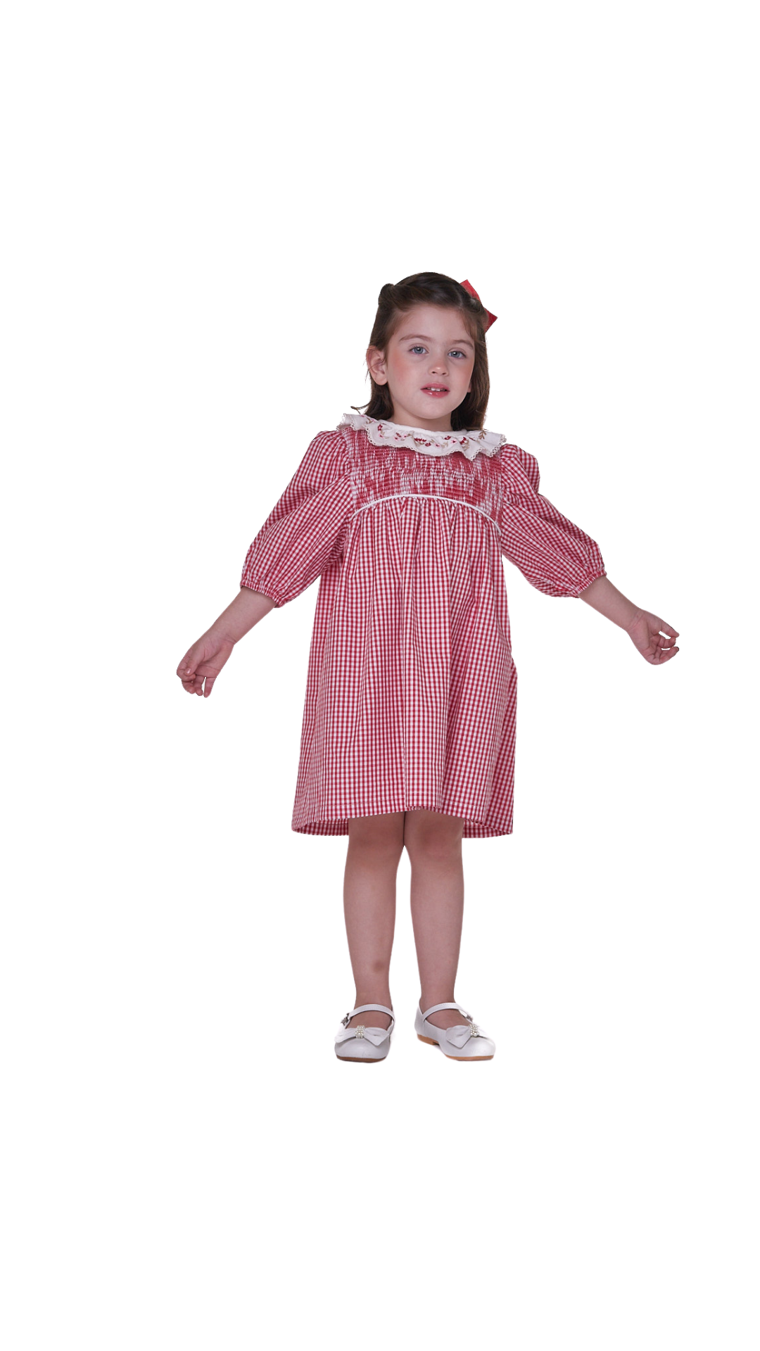 Vestido Priscila em tricoline com gola bordada e casinha de abelha. Delicado, confortável e ideal para festas. De 3 meses a 8 anos.

