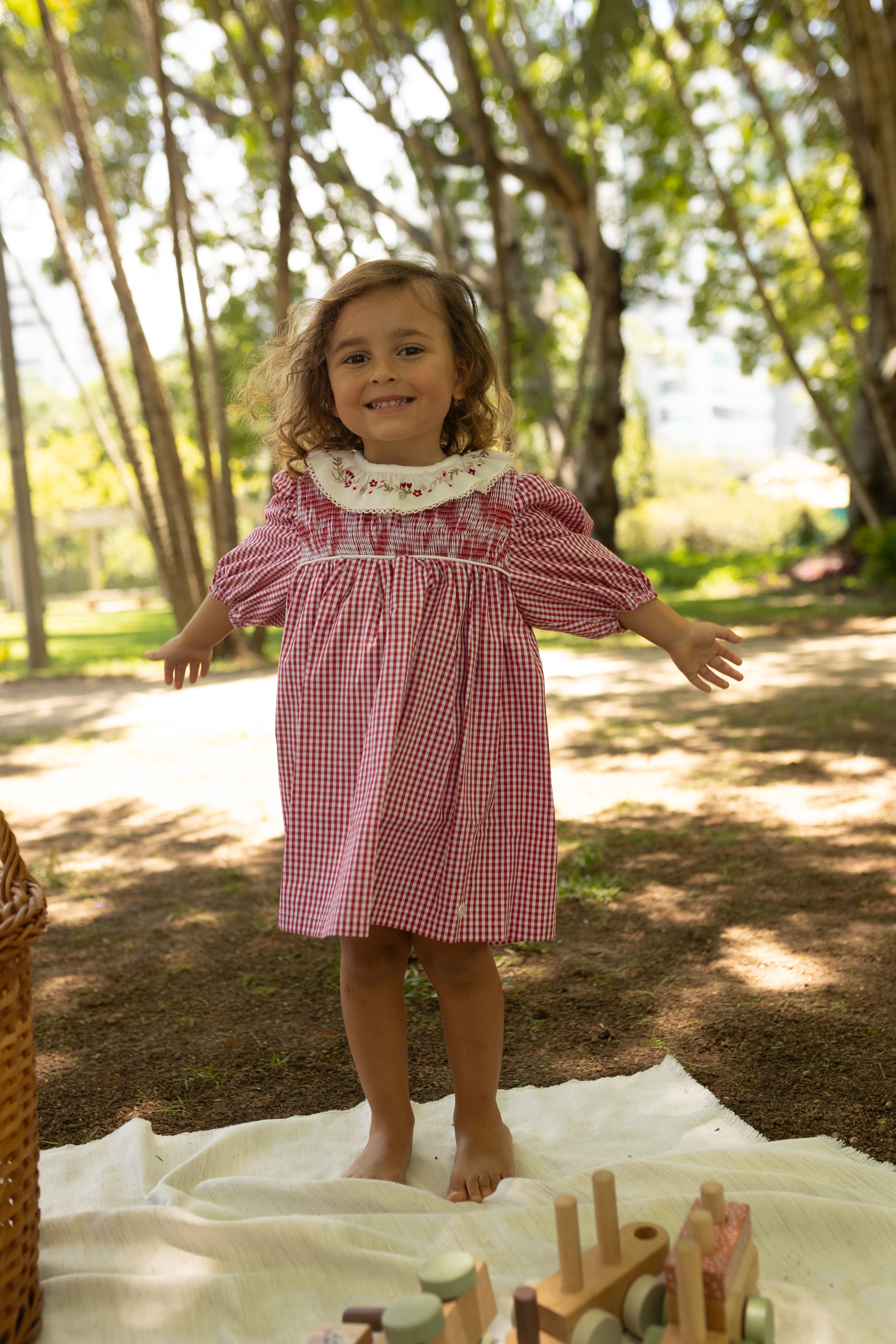 Vestido Priscila em tricoline com gola bordada e casinha de abelha. Delicado, confortável e ideal para festas. De 3 meses a 8 anos.