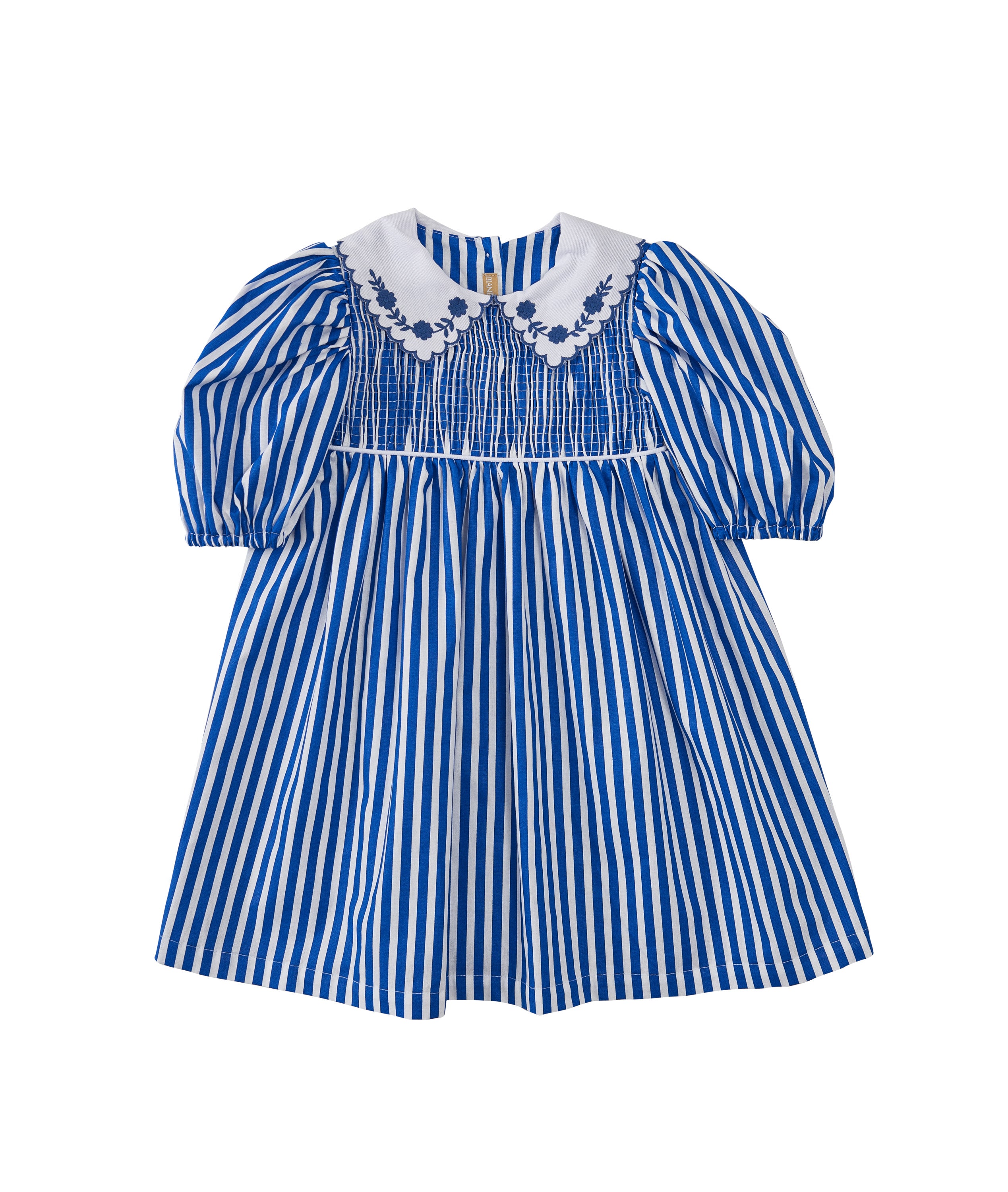 Vestido infantil Alice listrado com gola bordada floral, ideal para festas e passeios.

